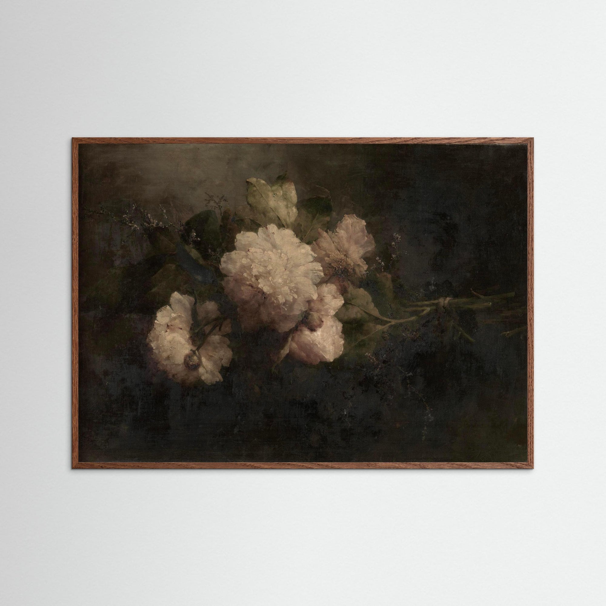 Peonies Bouquet Still Life Art Print Oak Dark No border