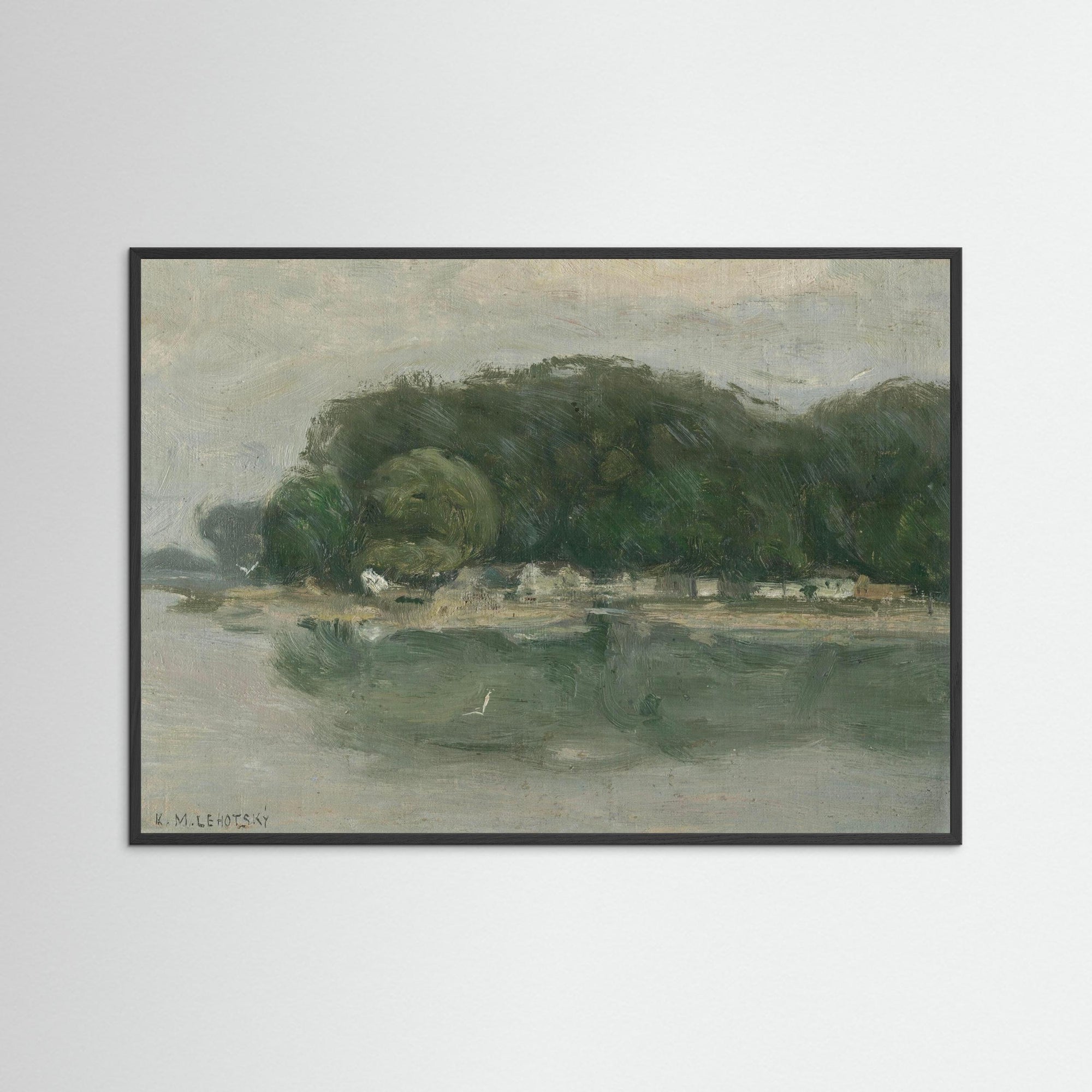 Vintage European Riverside Village Landscape Fine Art Print Black Wood No border