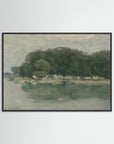 Vintage European Riverside Village Landscape Fine Art Print Black Wood No border