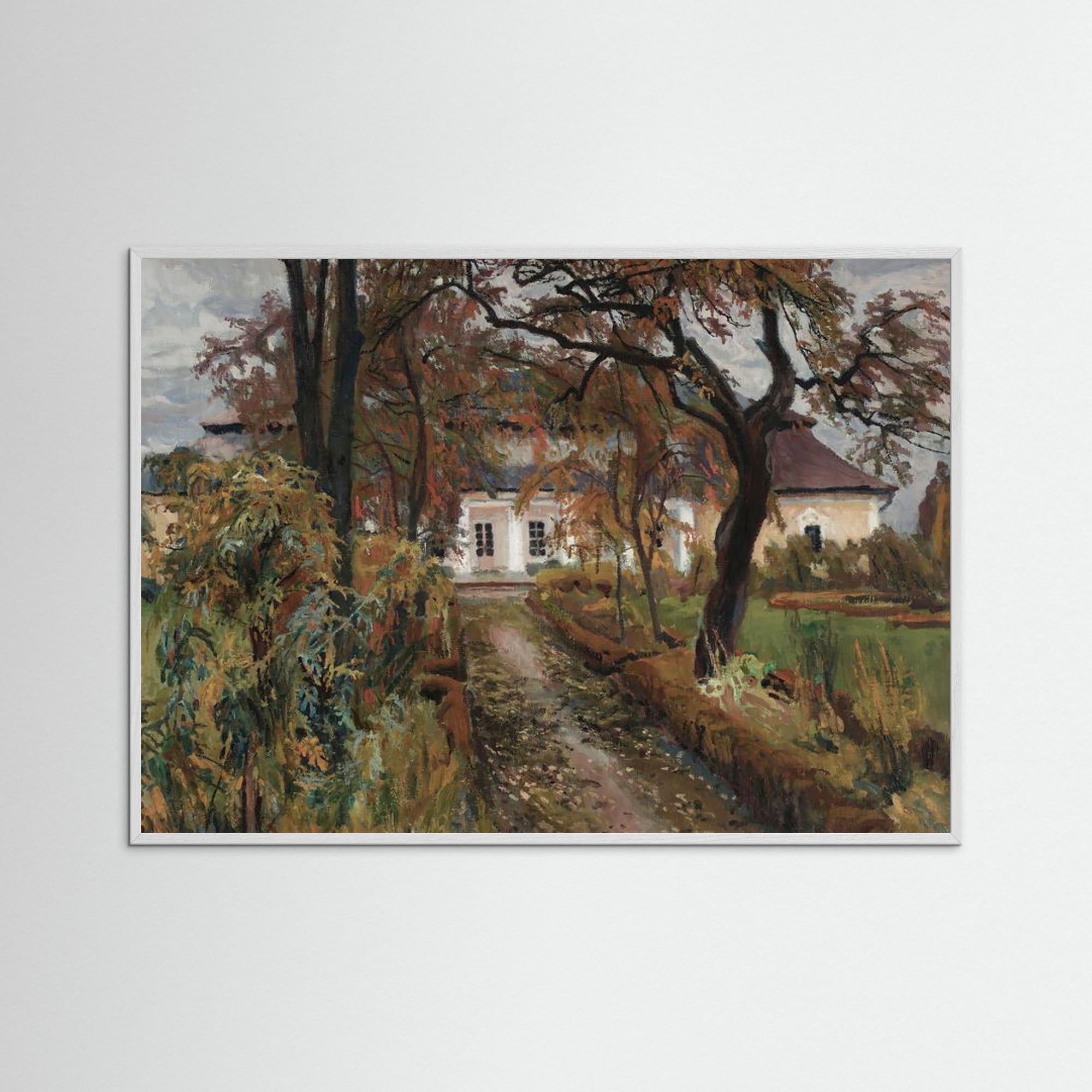 Cottage Landscape Art Print White Wood No border
