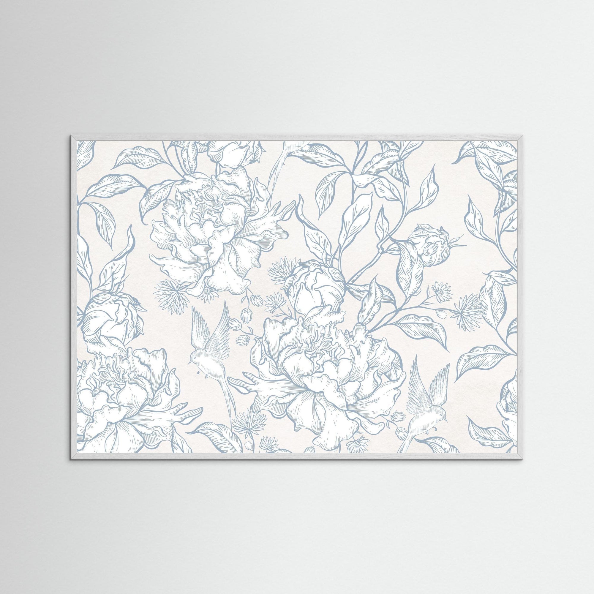 Blue Floral Pattern Art Print | Vintage Inspired Botanical Wall Art White Wood