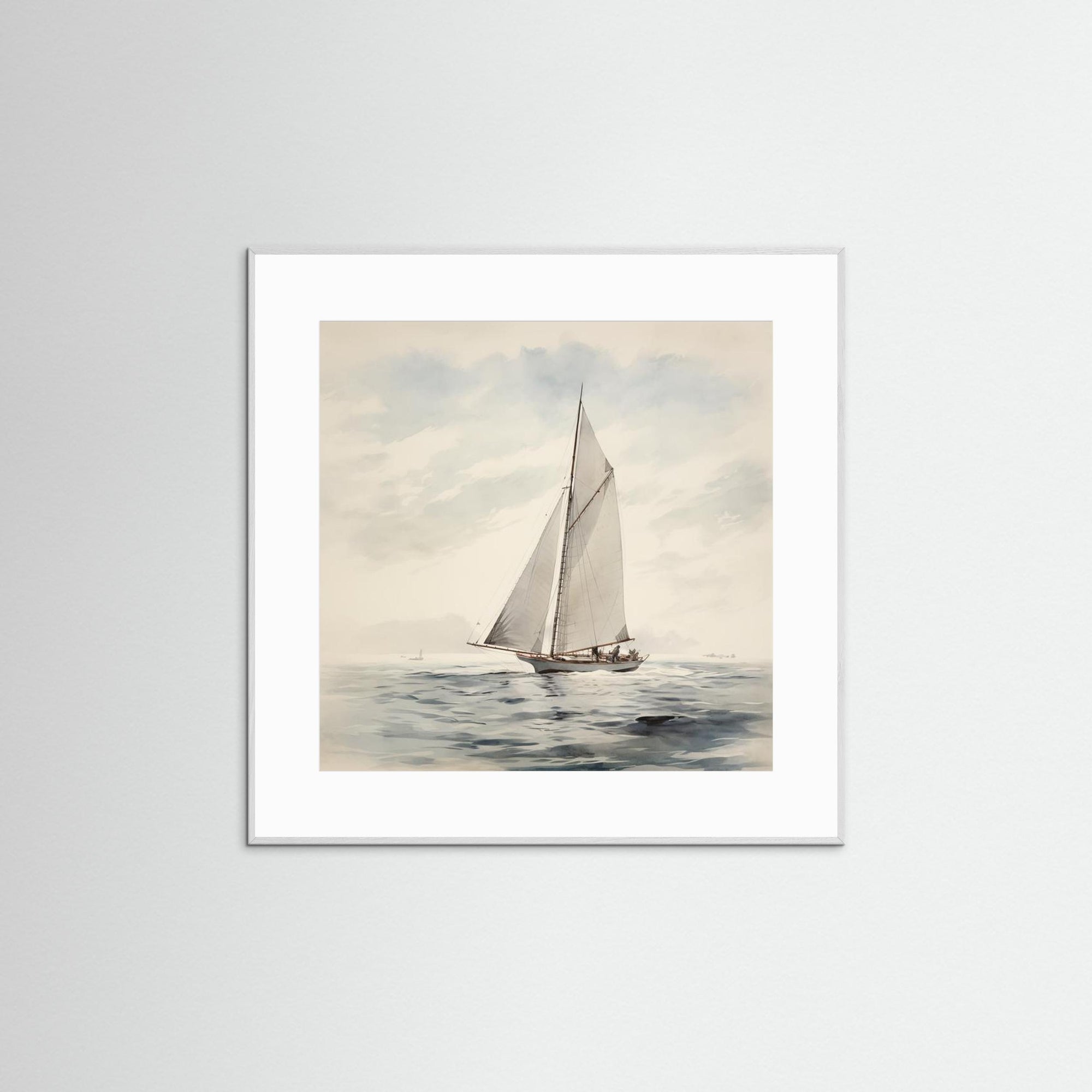 Soft Neutral Ocean Sailboat Print White Wood White