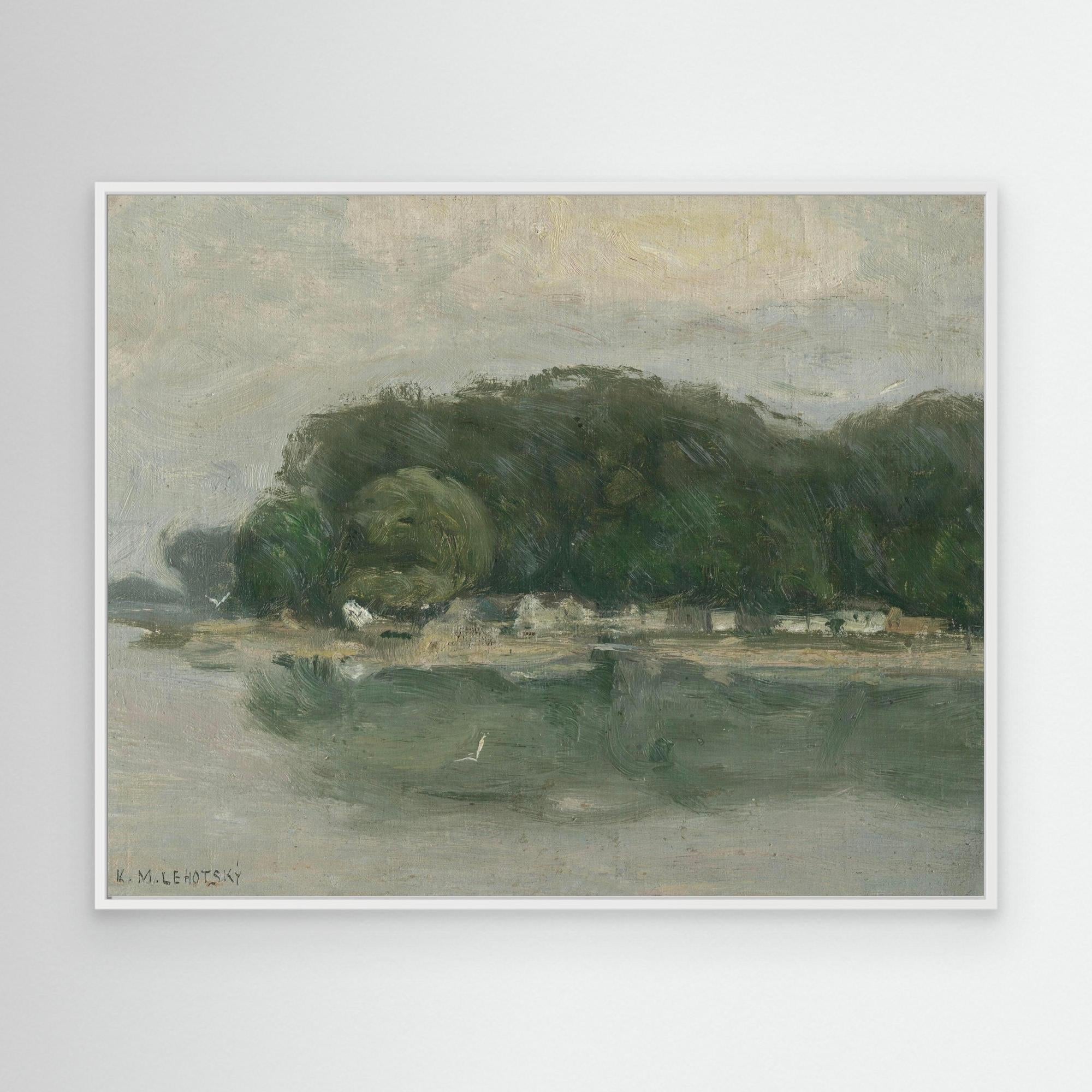 Vintage European Riverside Village Landscape Canvas White