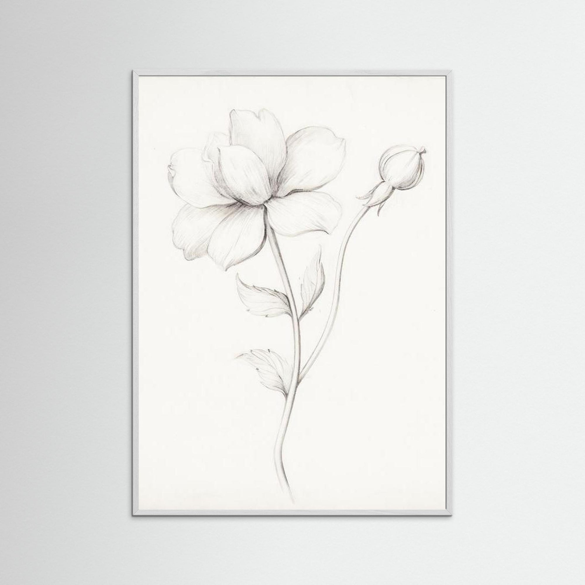 Floral Drawing Art Print White Wood No border