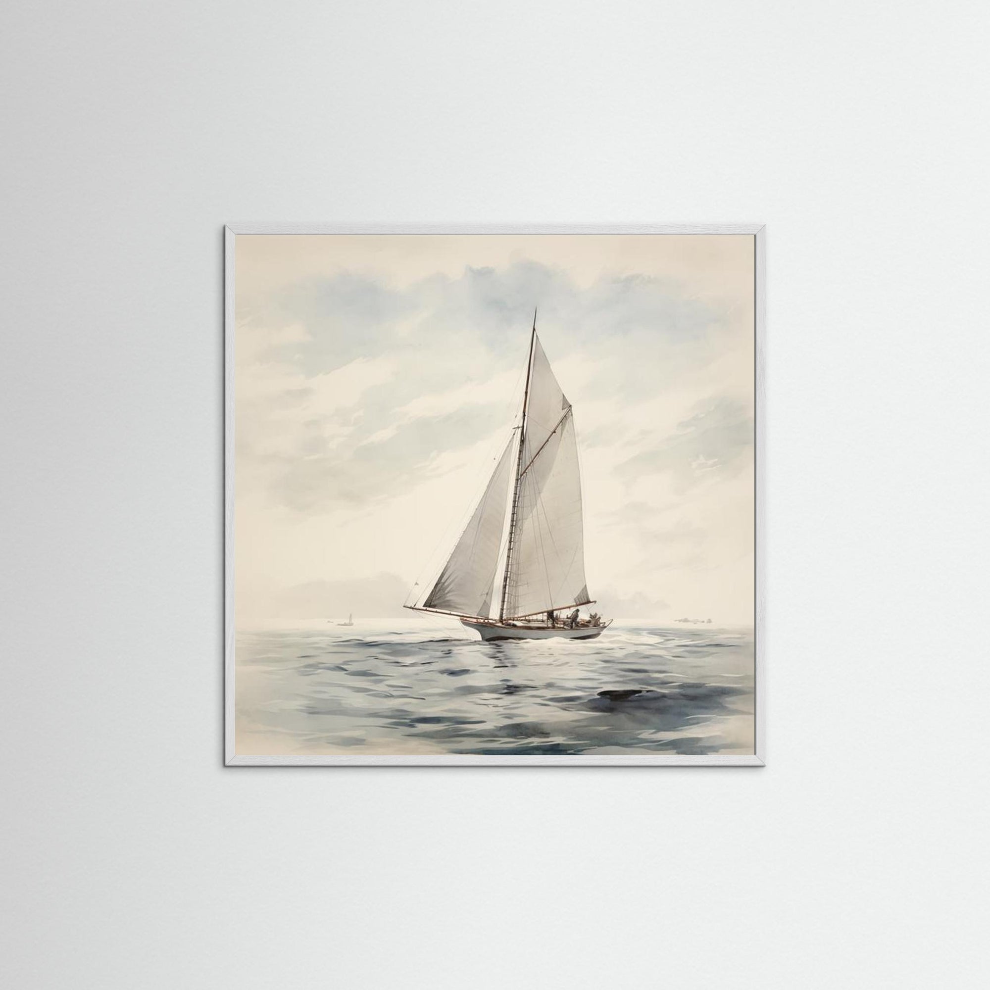 Soft Neutral Ocean Sailboat Print White Wood No border