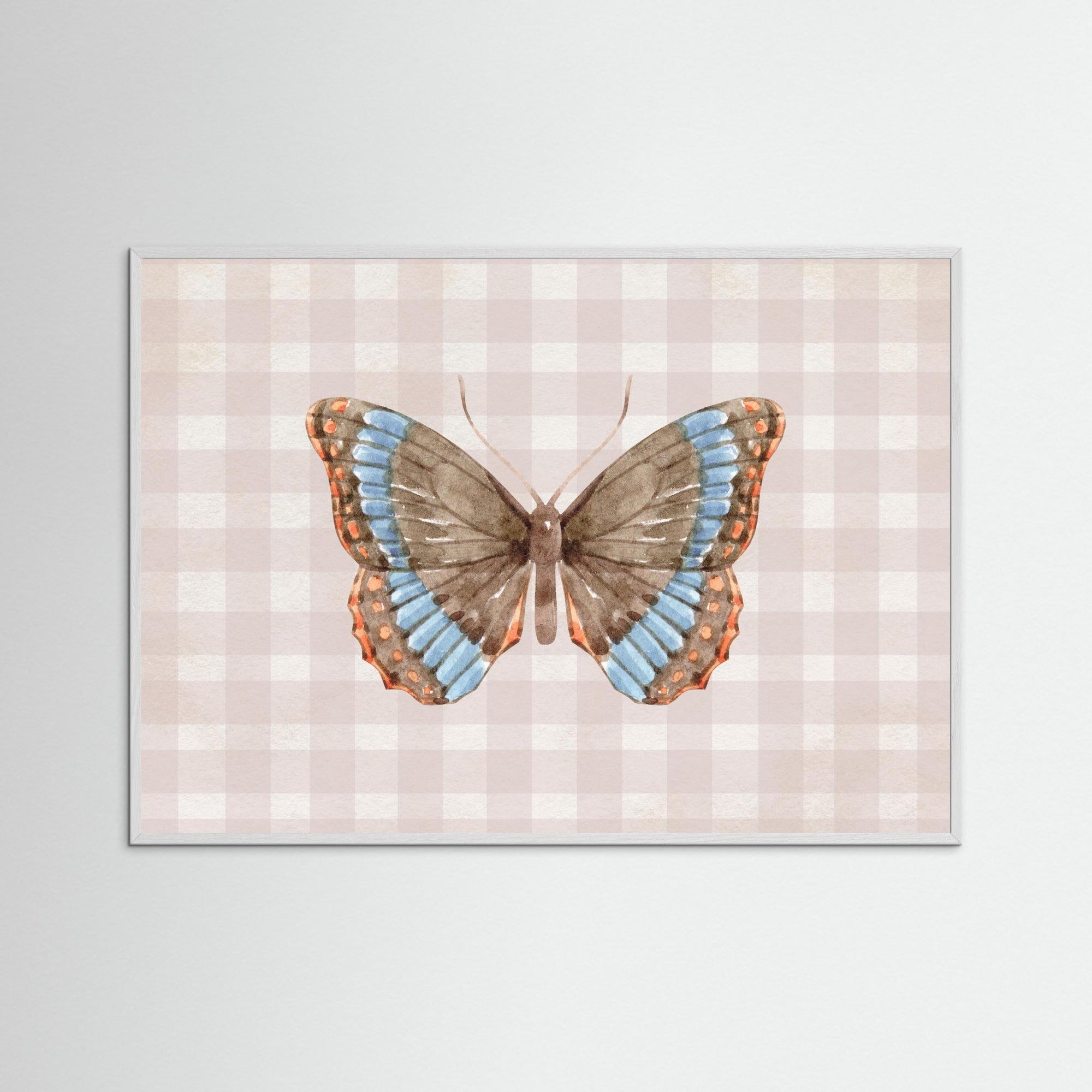 Butterfly on Gingham Art Print | Vintage Cottage Wall Art White Wood