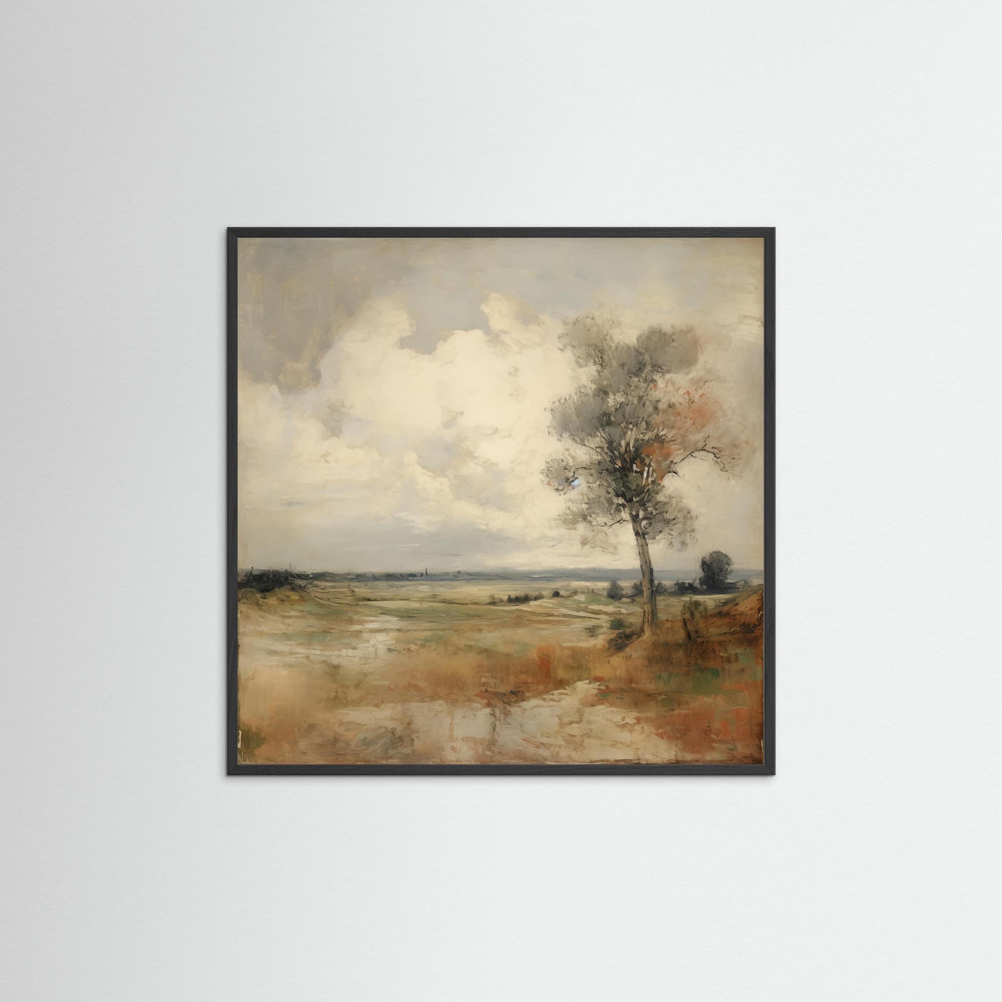 Soft Neutral Field Landscape Art Print Black Wood No border