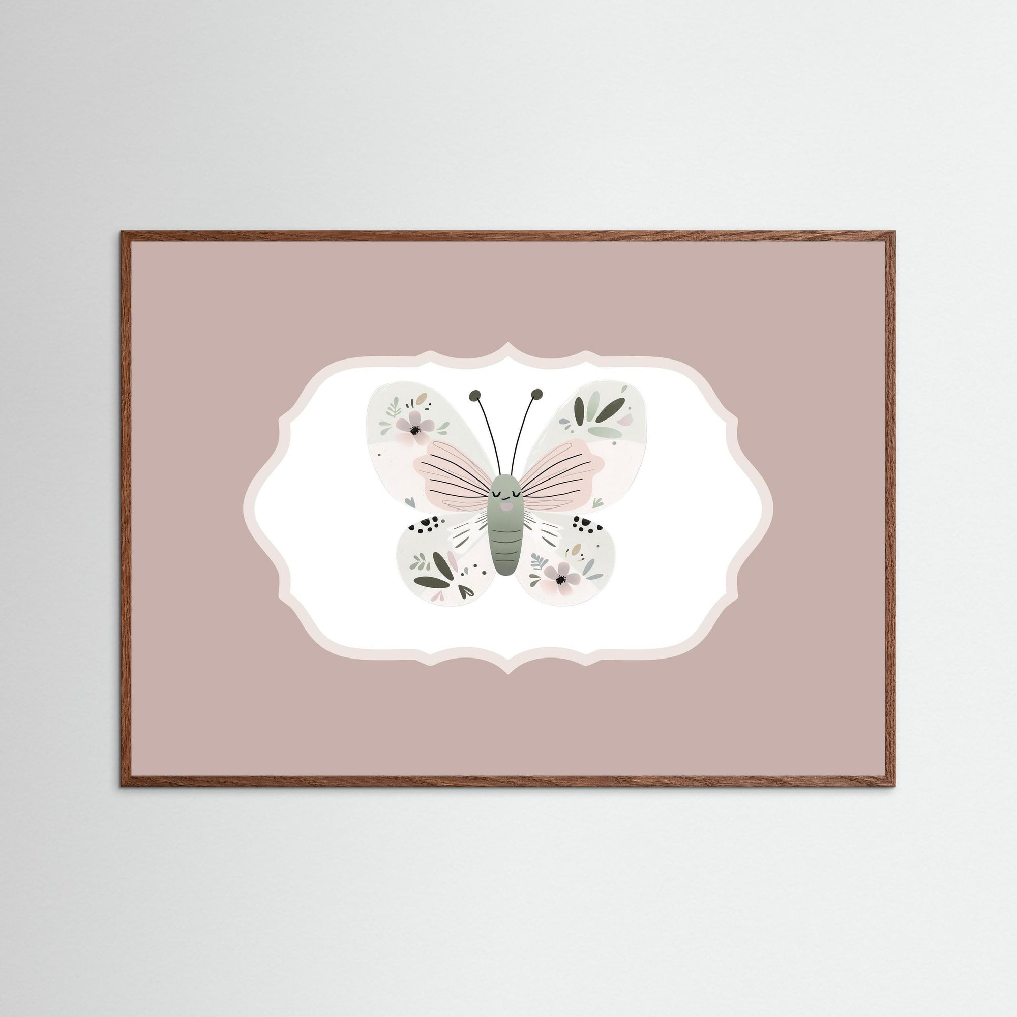 Butterfly Pink Art Print | Children's Room & Nursery Wall Art Oak Dark