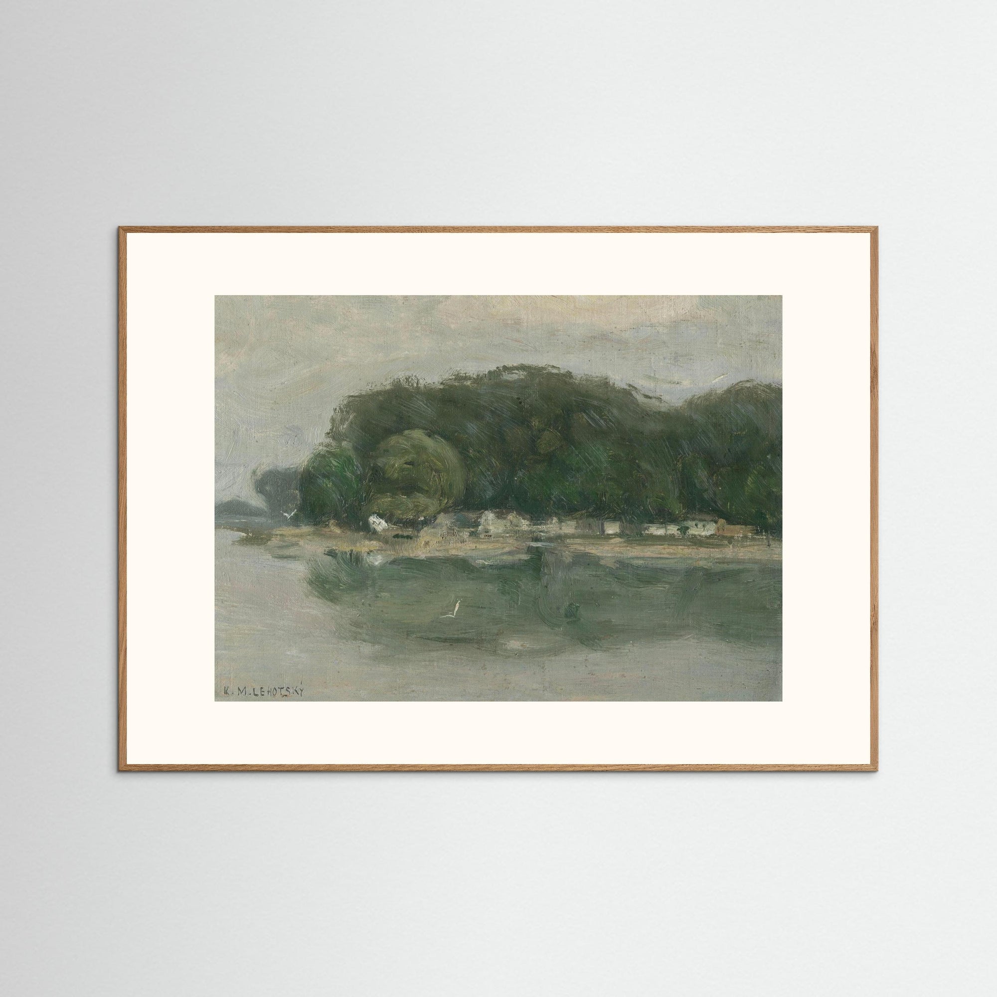 Vintage European Riverside Village Landscape Fine Art Print Oak Nature Freja