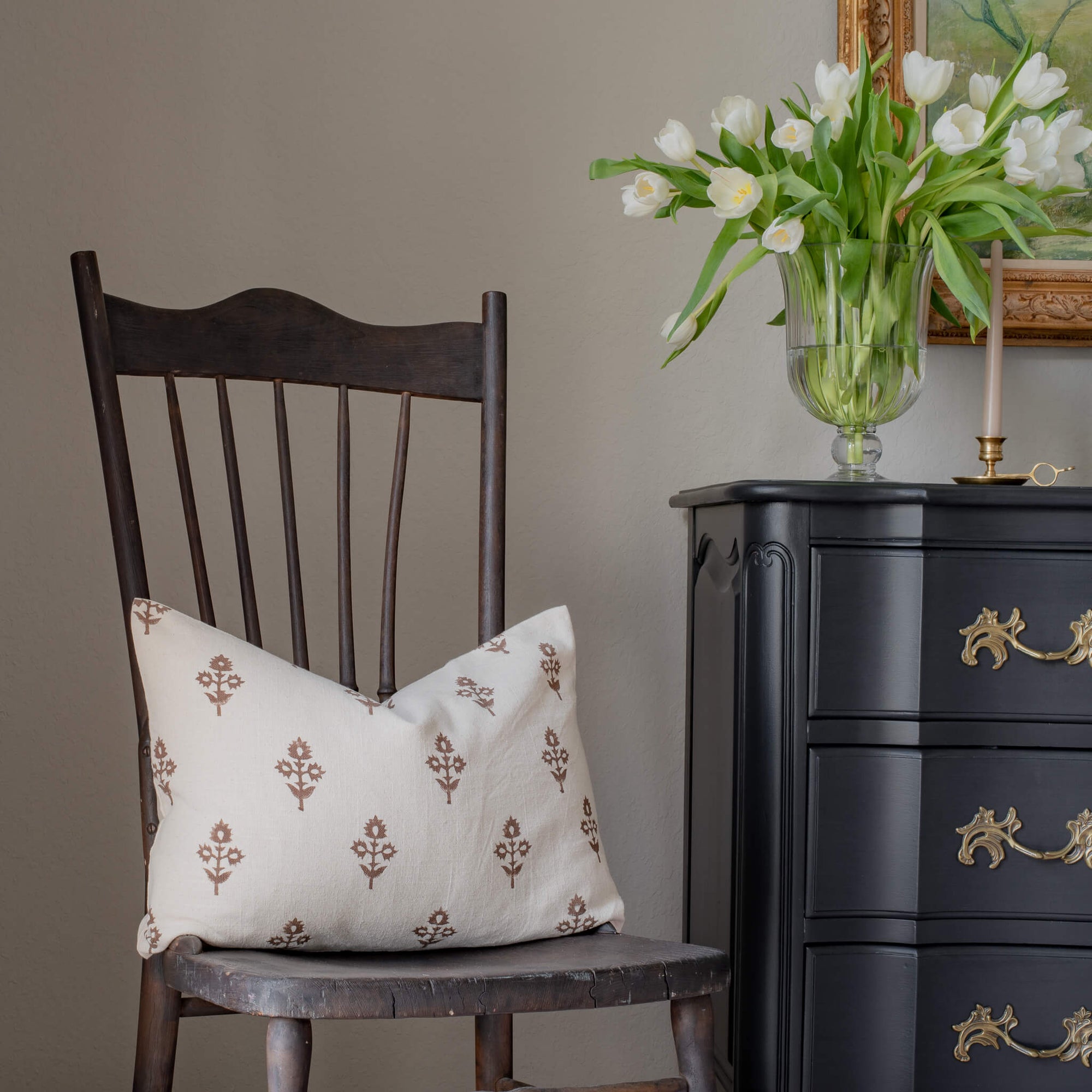 Mia Floral Block Printed Pillow Cover | Brown | Lumbar