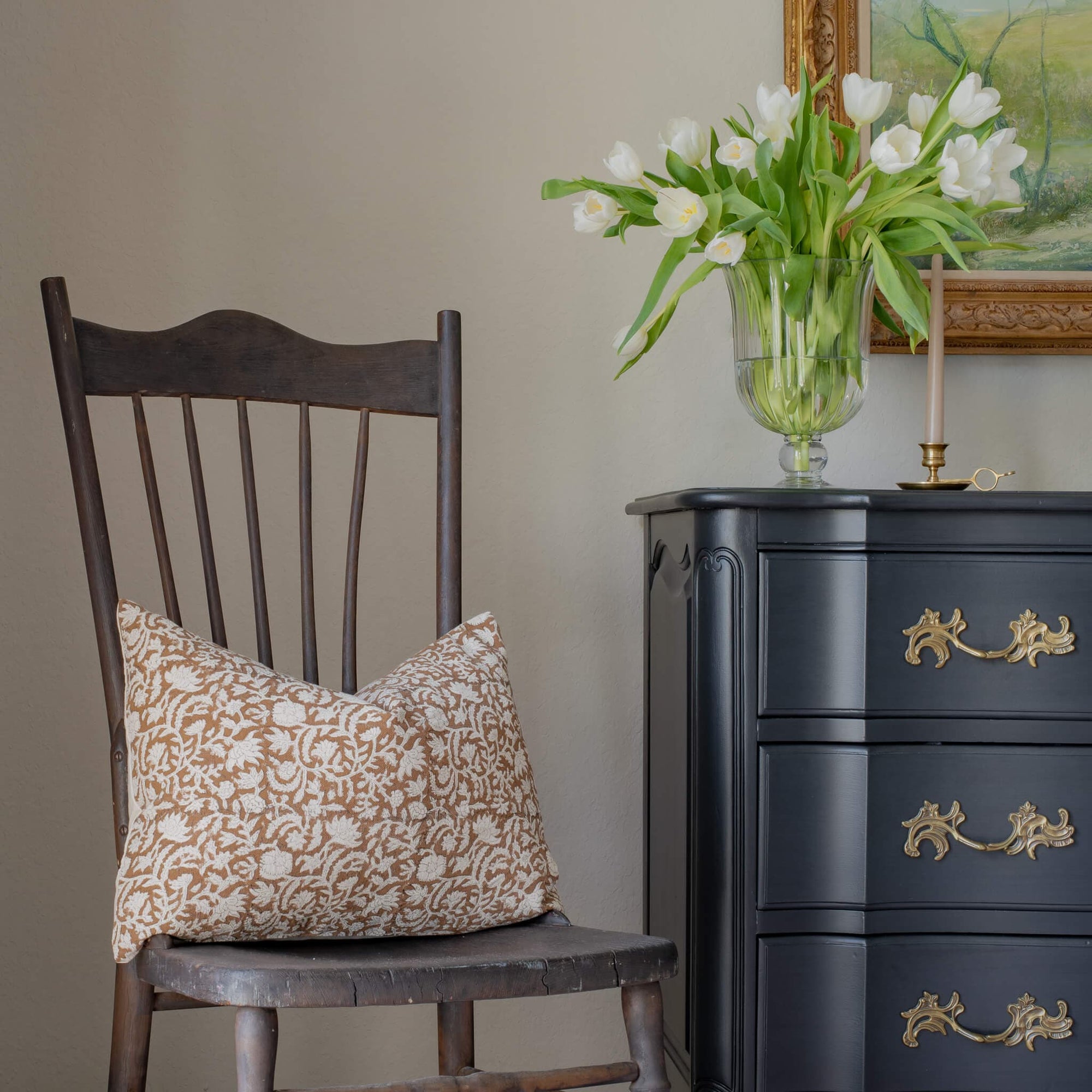 Nina Floral Block Printed Pillow Cover | Brown | Lumbar