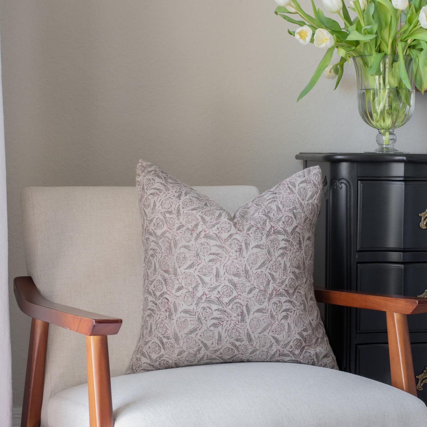 Irene Floral Block Printed Pillow Cover | Burgundy, Muted Sage Green + Greige