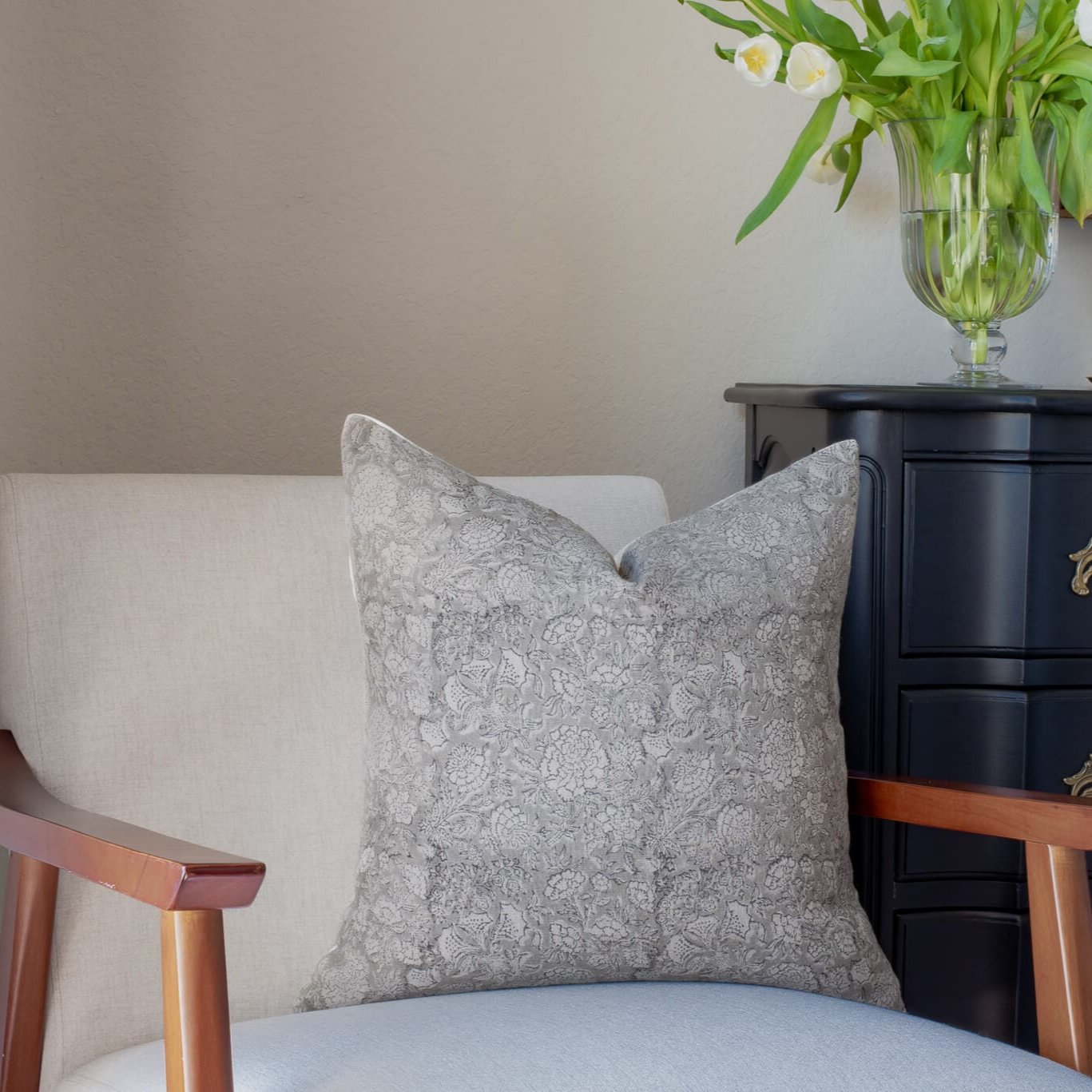 Camille Floral Block Printed Pillow Cover | Grey