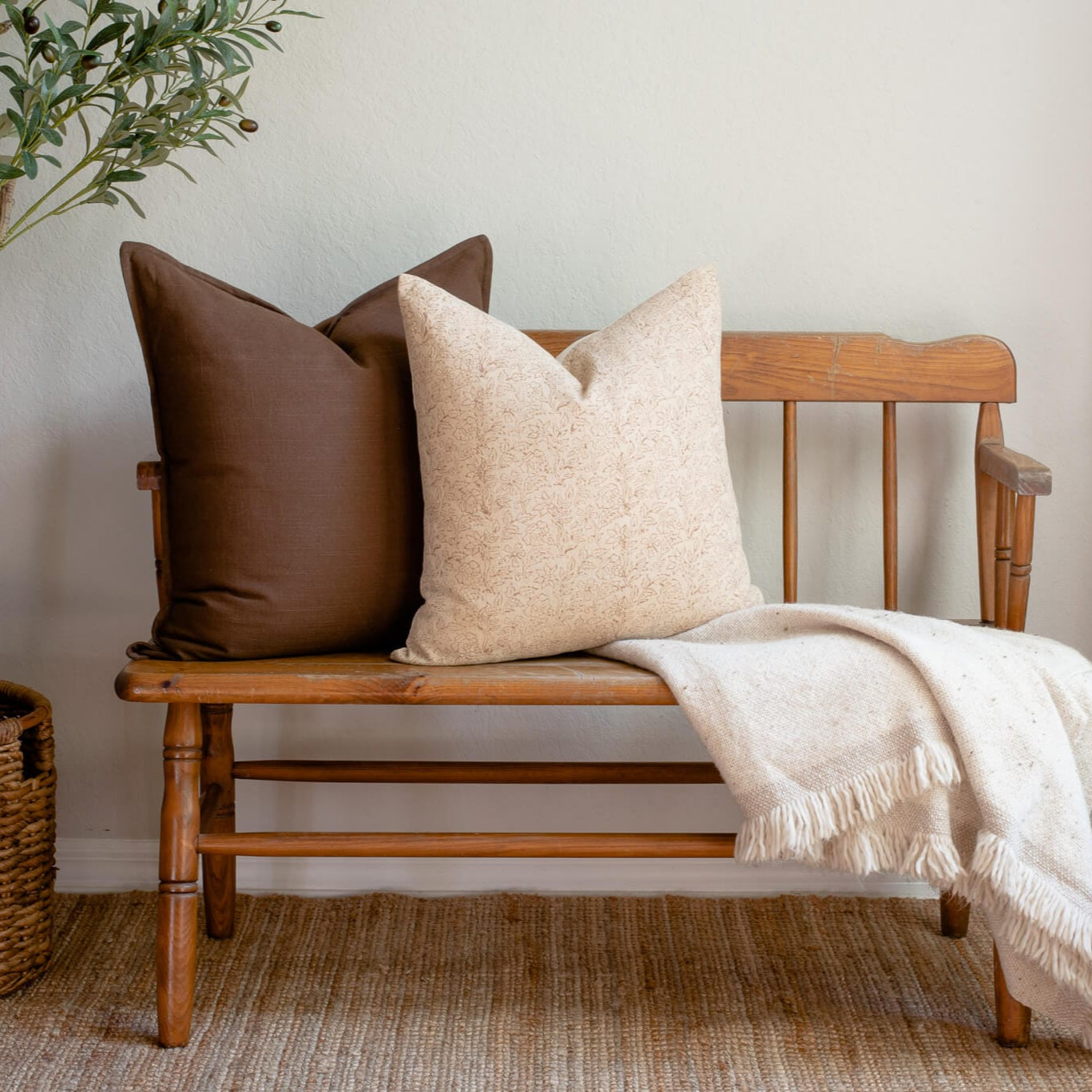 Eva Floral Block Printed Pillow Cover | Tan + Brown