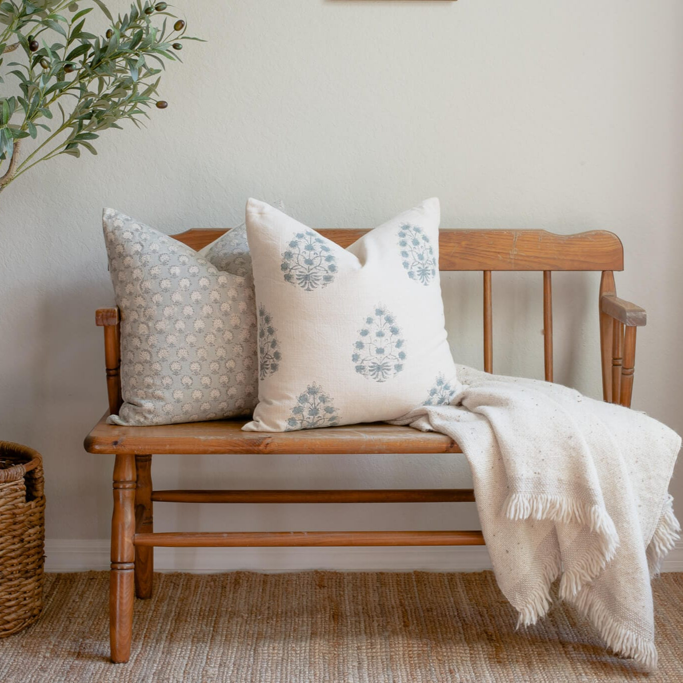 Capri Floral Block Printed Pillow Cover | Blue