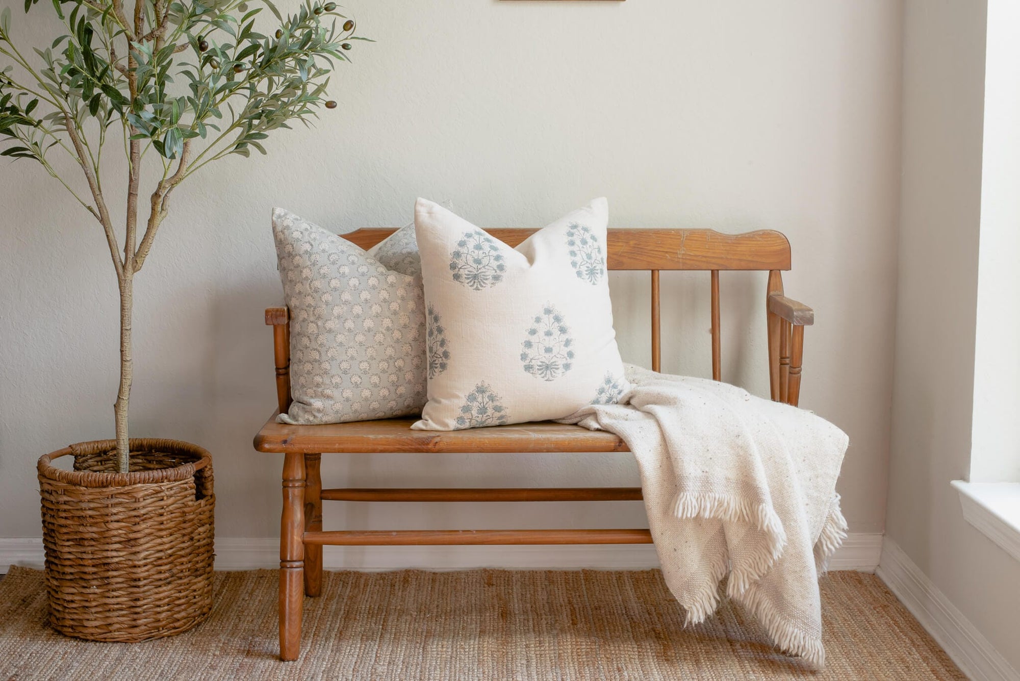 Augustine Floral Block Printed Pillow Cover | Blue