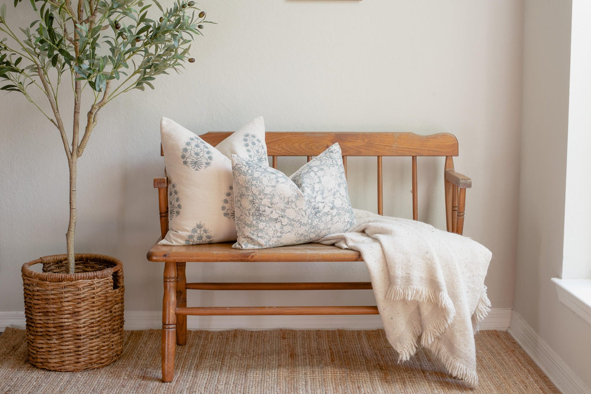 Chloe Floral Block Printed Pillow Cover | Blue | Lumbar