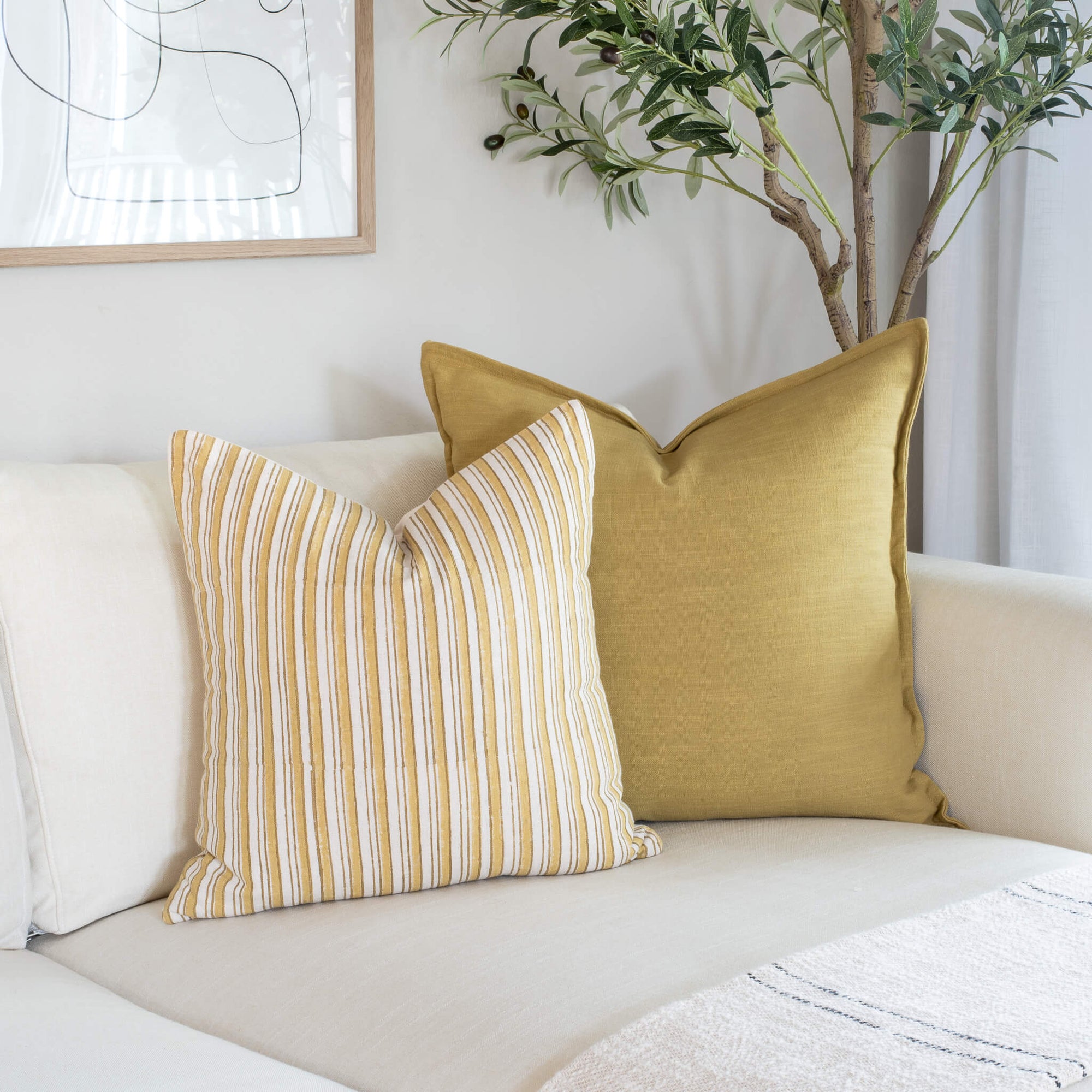 Campos Striped Hand Block Printed Pillow Cover | Mustard