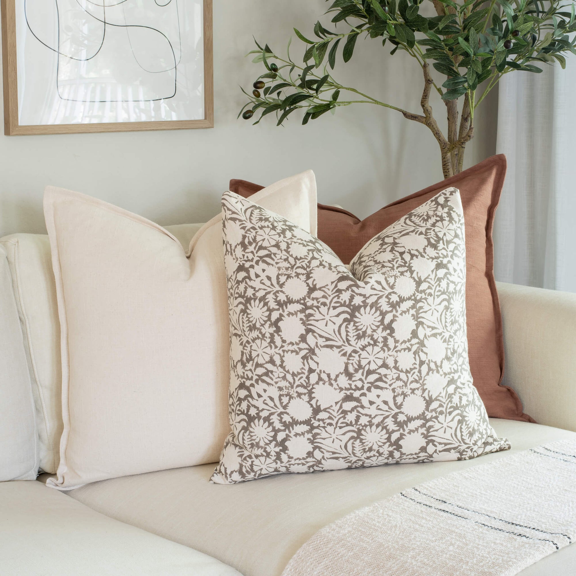 Dara Floral Block Printed Pillow Cover | Warm Grey