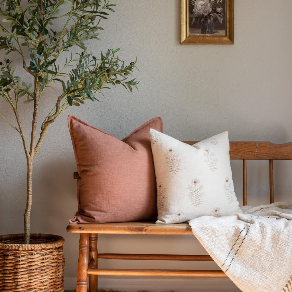 Ella Floral Block Printed Pillow Cover | Light Brown + Terracotta Deta ...