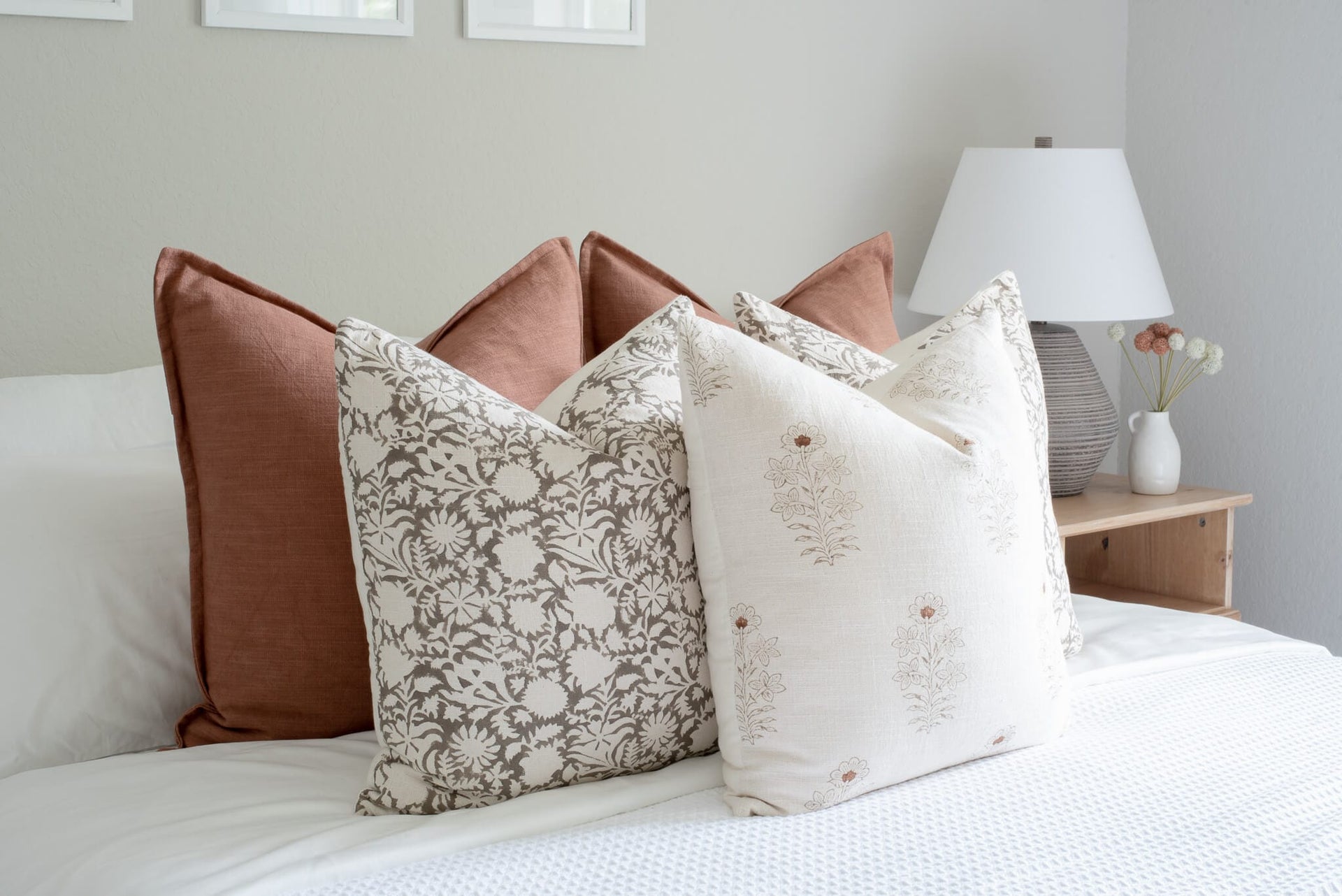 Ella Floral Block Printed Pillow Cover | Light Brown + Terracotta Deta ...