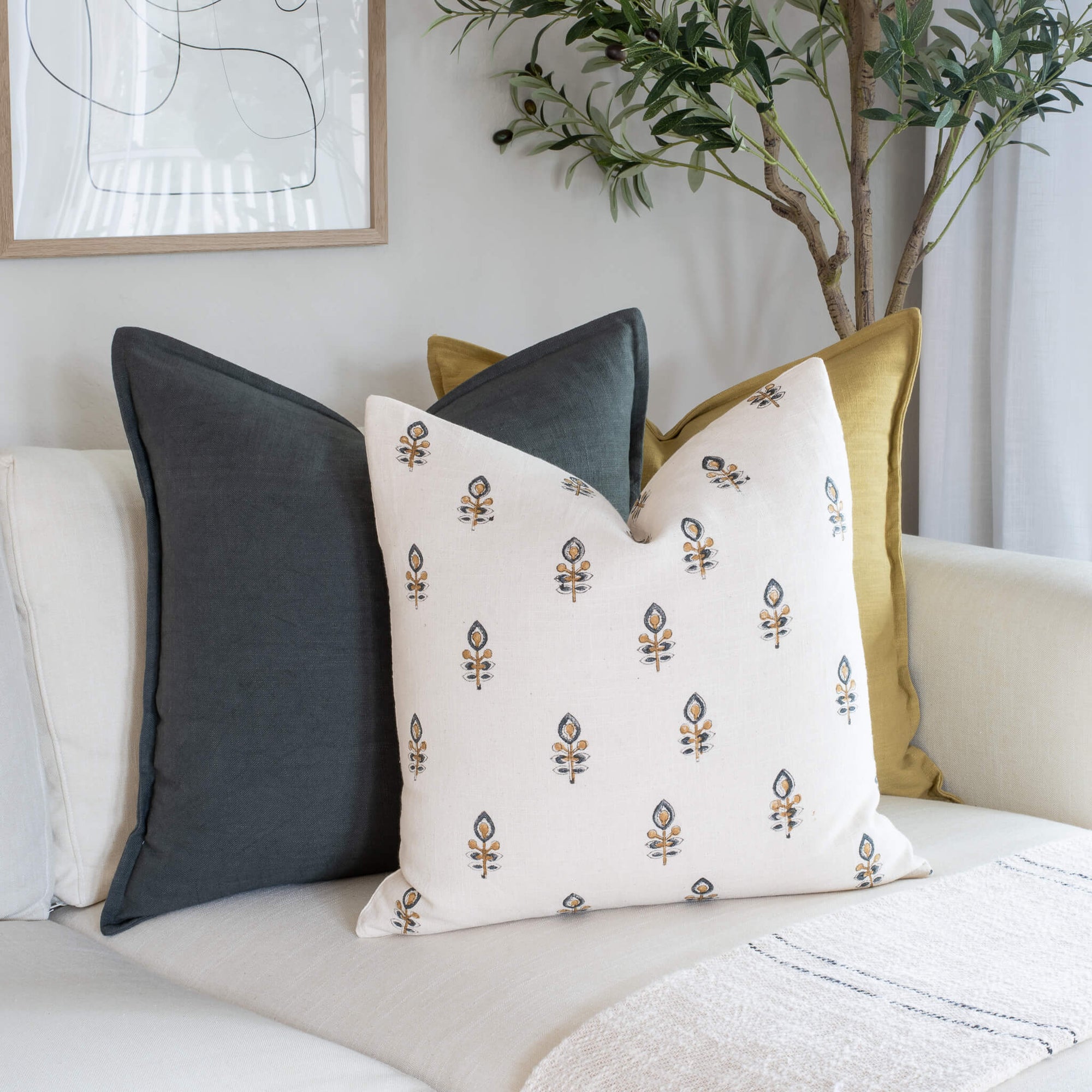 Marla Floral Block Printed Pillow Cover | Blue and Mustard