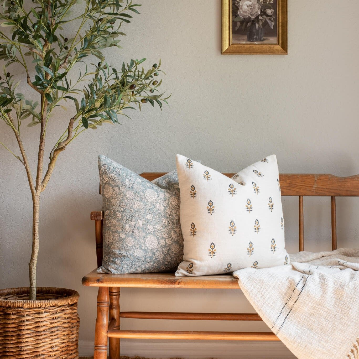 Marla Floral Block Printed Pillow Cover | Blue and Mustard