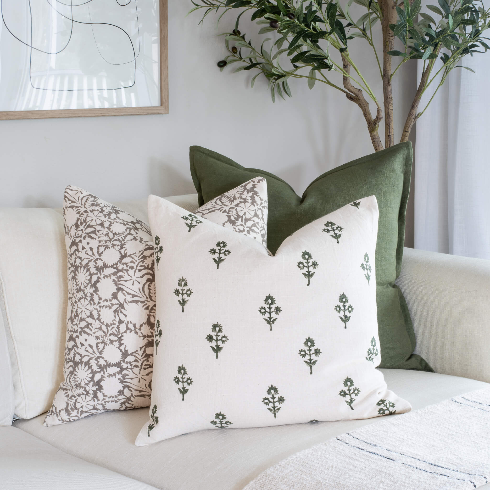 Mia Floral Block Printed Pillow Cover | Forest Green - Apartment No.3