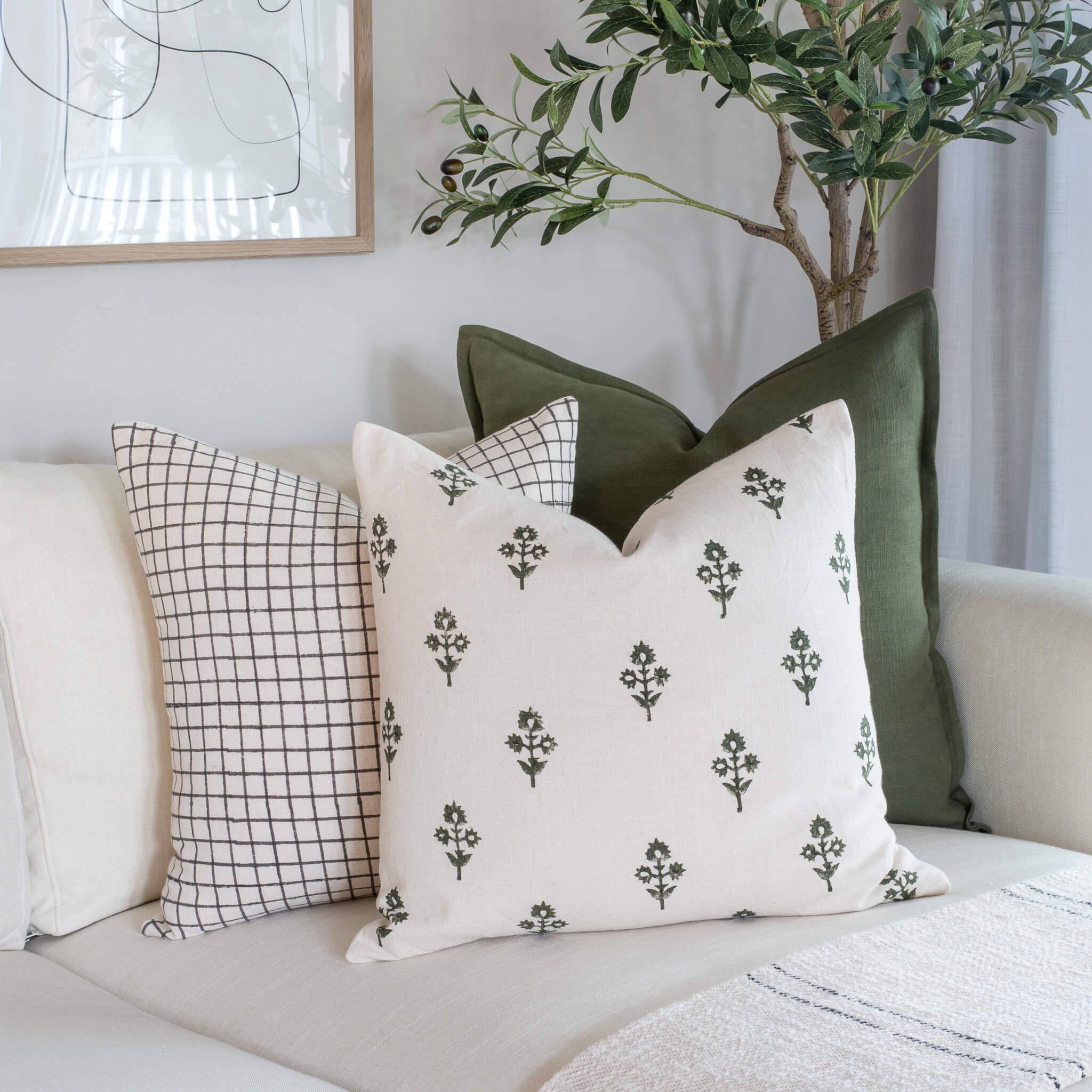 Mia Floral Block Printed Pillow Cover | Forest Green - Apartment No.3