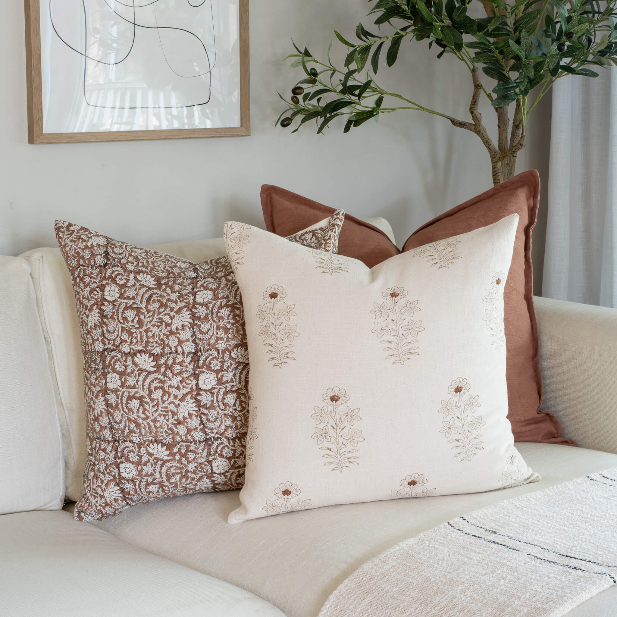 Nina Floral Block Printed Pillow Cover Brown