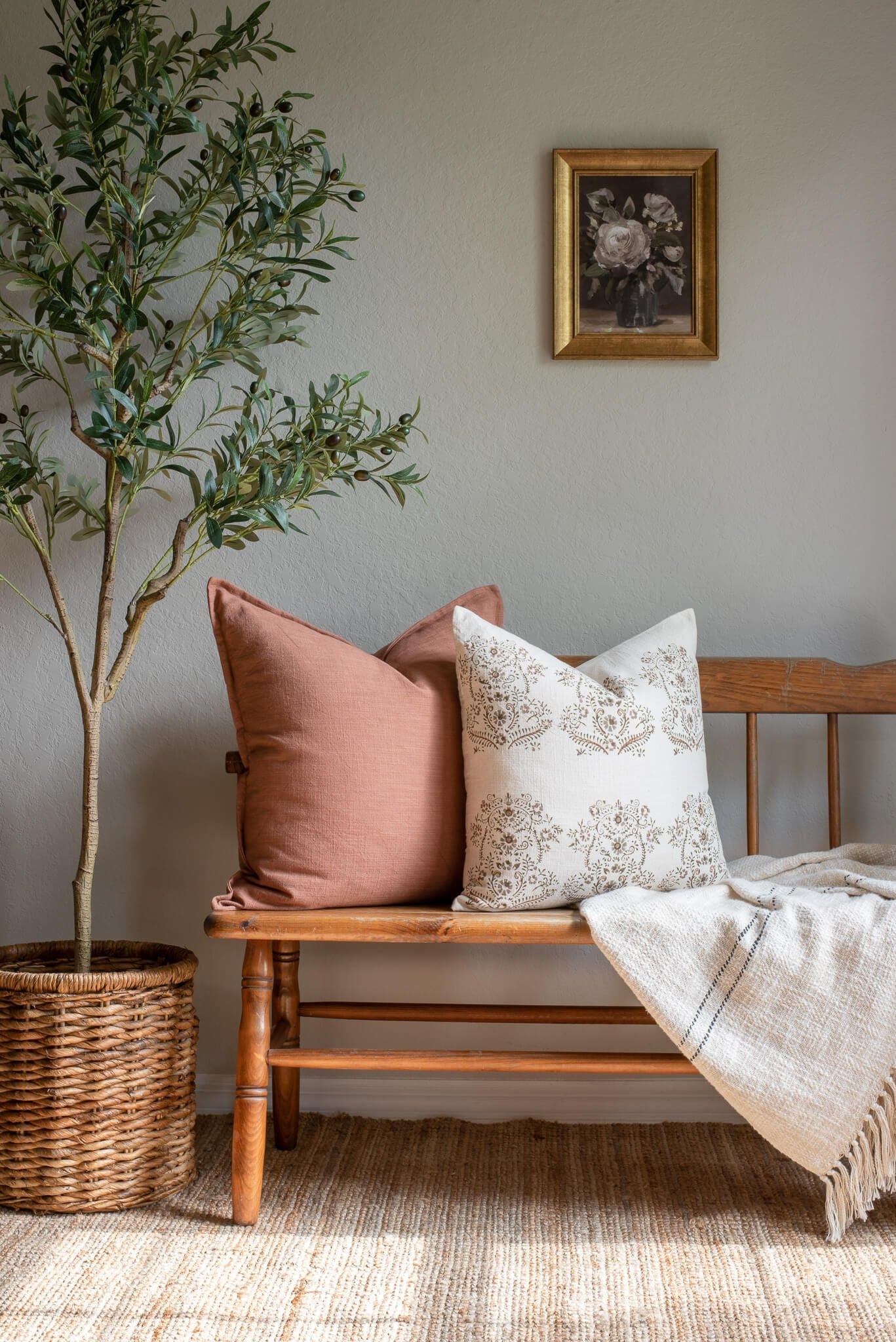 Pilar Floral Block Printed Pillow Cover | Olive, Light Brown, Tan - Apartment No.3