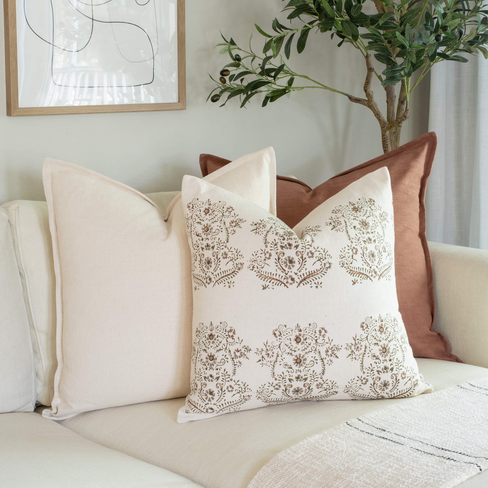 Pilar Floral Block Printed Pillow Cover | Olive, Light Brown, Tan - Apartment No.3